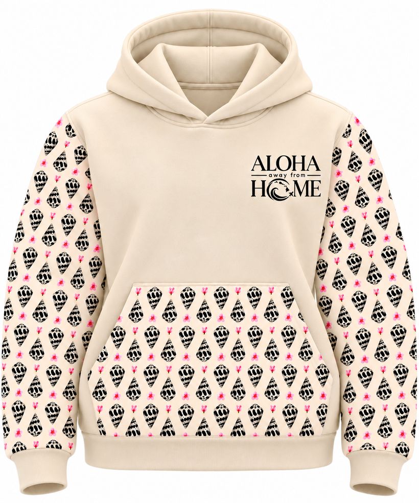 Cozy Heavyweight Hebrew Shell Hoodie in cream with shell-print sleeves