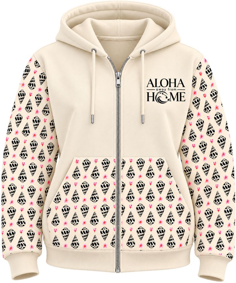 Lightweight Hebrew Shell Zipper Hoodie in cream with shell-print sleeves